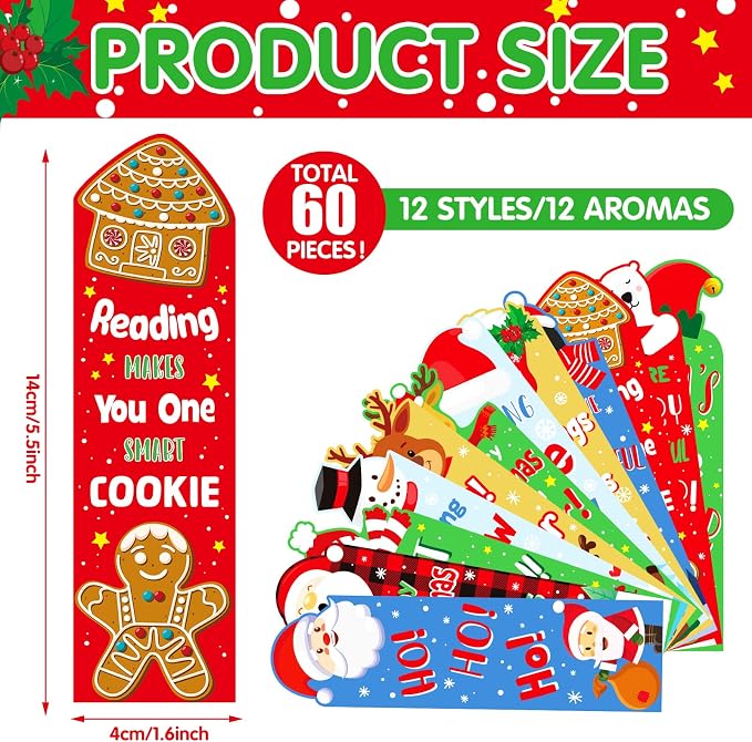 Fainne 60 Pieces Christmas Scented Bookmarks Kids Bulk Scratch and Sniff Classroom Valentines Back to School Bookmarks Gift Stuff for Students Christmas End of Year Graduation Birthday Favor