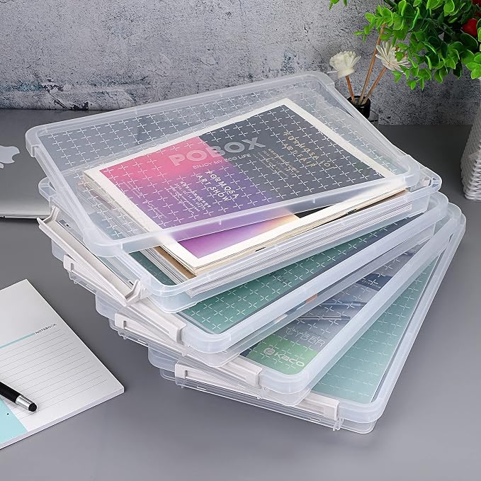 BTSKY 4 Pack A4 Plus Clear Plastic Stackable Storage Box Desk Paper Magazine Container with Buckle, Office Supplies Accessories File Protector Case Organizer, Portable Project Case Document Holders