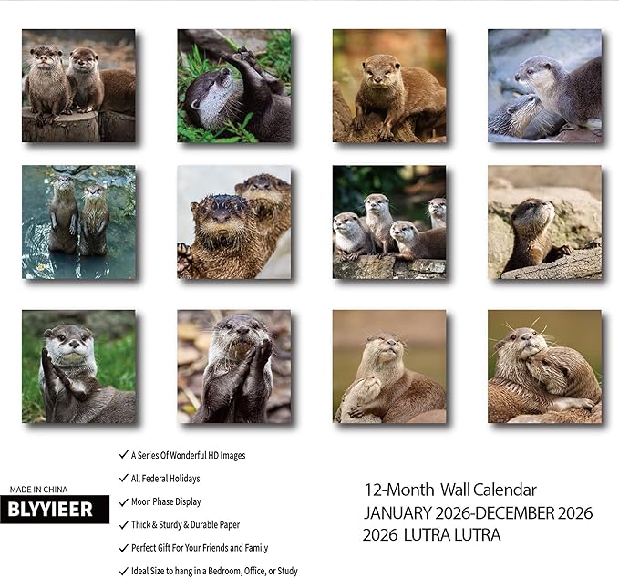 2026 Wall Calendar,Lutra Lutra Monthly Wall Calendar, 12" x 24" Open,Family Planner Calendar Organizer with funny Lutra Lutra Images