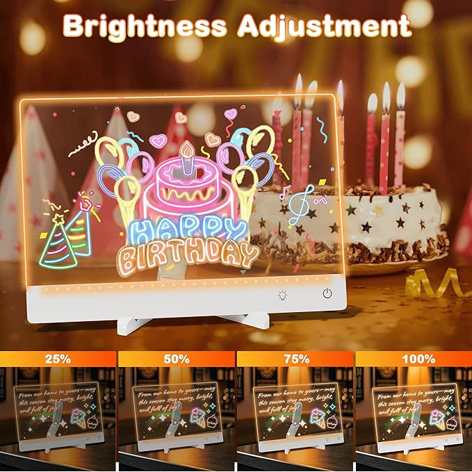 Rechargeable Lumi LED Drawing Board with 12 Markers,13.7"x10"LED Note Board Acrylic Dry Erase Board with 7 Colors Light, Doodle Glow Message Board for Birthday Halloween Christmas Gifts(White)