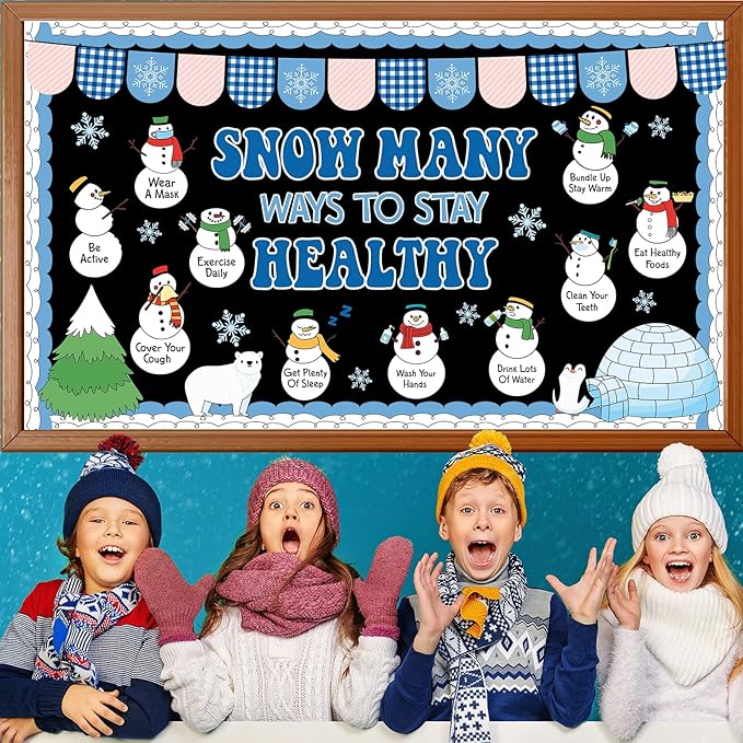 Winter Health Bulletin Board Decorations Set Christmas Snowman Bulletin Board Snowflake Snow Many Ways to Stay Healthy Habits Cutouts Classroom Decor for School Wall Decoration Supplies