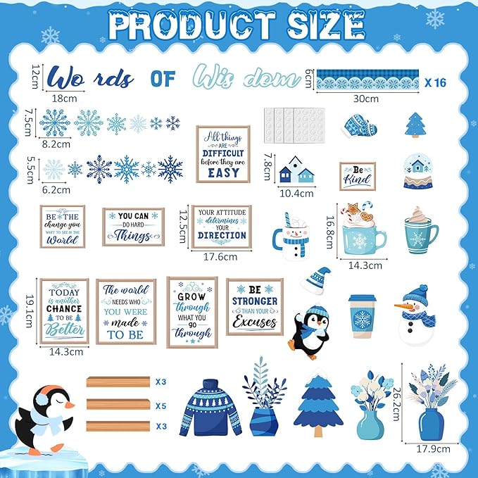 Winter Bookshelf Bulletin Board Set Words of Wisdom Classroom Decorations Inspirational Winter Snowman Snowflake Paper Cutouts for Holiday School Classroom Decor
