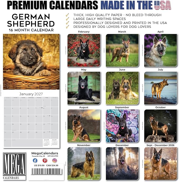 German Shepherd Calendar 2027 – Dog Calendar 2027 Wall Calendar, 16 Month Wall Planner, Large Writing Blocks, Thick No Bleed Paper, Made in USA, Dog Lover Gift