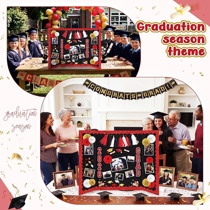 31 Pcs Graduation Photo Display Board Decoration 40"x28" Trifold Poster Board Graduation Themed Stickers Grad Fan Tassel Garland for 2026 Grad Party College Picture Frame (Red Black White)