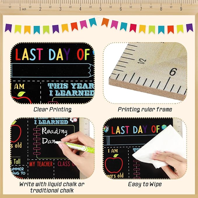 Pajean First and Last Day of School Board Sign Chalkboard with Ruler Frame Printing, Reusable Back to School Board Wooden Double Sided Photo Prop, 14 x 10 Inch