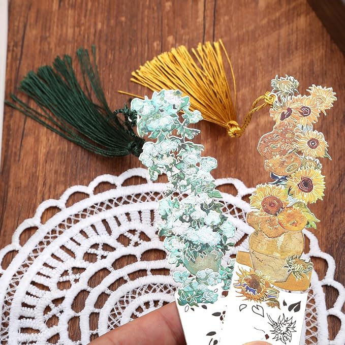 2 Metal Bookmarks with Tassel, Oil Painting Sunflowers and Vase with Roses