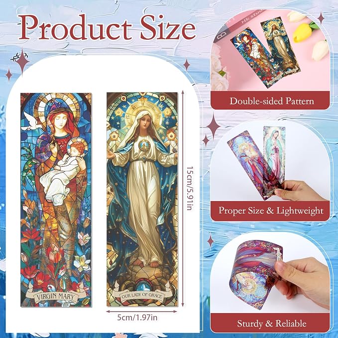 Stained Glass Catholic Bookmark Gifts - Wxiben 20 Pcs Christian Religious Transparent PVC Bookmark Catholic Saints Jesus Book Mark Page Clips for Women Men Book Lovers Church Sunday School Gifts