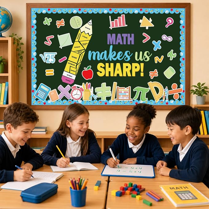 Math Bulletin Board Set Mathematics Back to School Classroom Decoration Math Makes Us Sharp Bulletin Board Pencil Shaped Paper Cutouts for School Office Chalkboard Wall Supplies Decor
