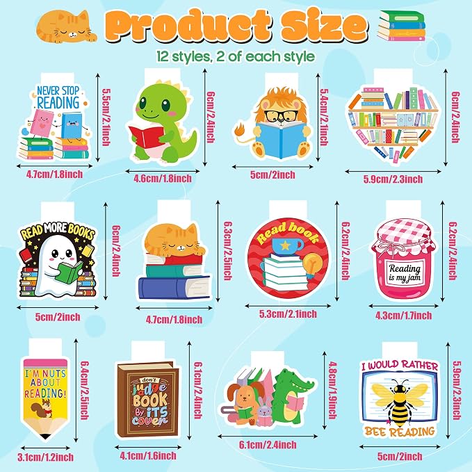 24Pcs Magnetic Bookmarks for Reading - Super Cute Library Booklist Nerd Themed Book Marker, Bookish Reading Page Marker Clip Bookish Nerd Gift for Reader Graduation Back to School Rewards Birthday