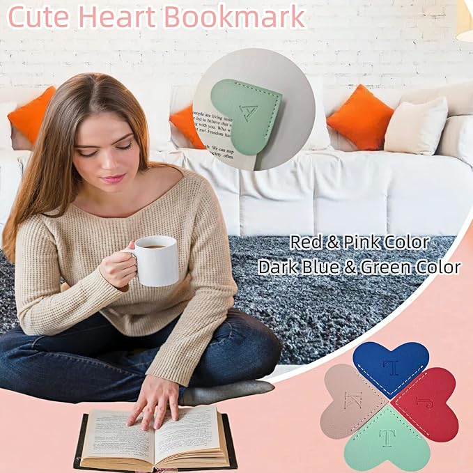 Personalized Leather Heart Bookmarks with Initials, 26 Letters Custom Corner Book Mark for Reading Women,Teacher, Student, Book Lovers Book Marker, Meaningful Gifts (Dark Blue+Light Green,T)