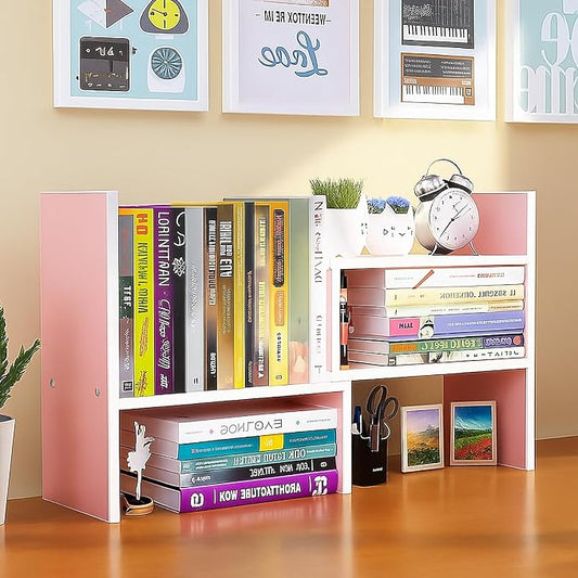 Desktop Shelf Organizer, Adjustable Wood Office Storage Rack, Counter Display Small Bookshelf for Home/Office/School(Pink)