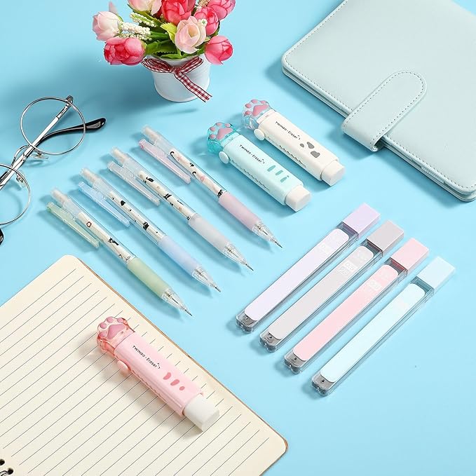 11 Pcs Black Cat Mechanical Pencil Set, 4 Mechanical Pencils 0.5mm, with 4 2B Lead Refills and 3/5 Erasers Christmas Stocking Stuffers for Women Cats Lovers Gifts (Cat)