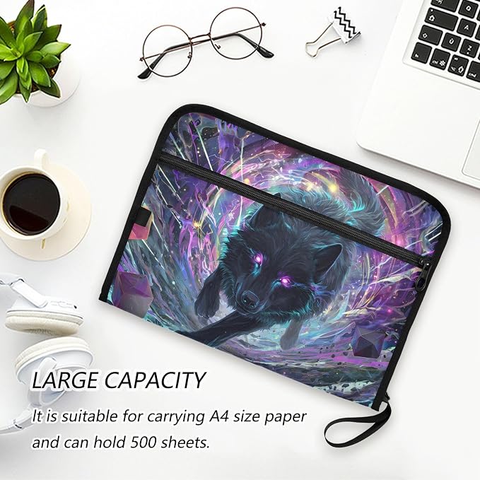 Expanding File Folder Black Wolf Purple Eyes Galaxy Accordion File Organizer 13 Pockets Document Organizer with Zipper Labels A4 Letter Office Storage