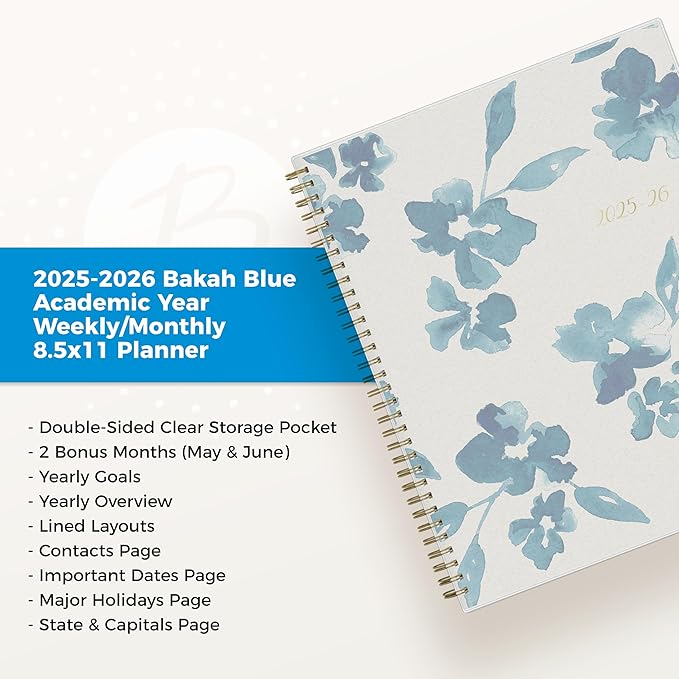Blue Sky 2025-2026 Weekly and Monthly Academic Year Planner Calendar, July 2025 - June 2026, 8.5" x 11", Flexible Cover, Wirebound, Storage Pocket, Bakah Blue