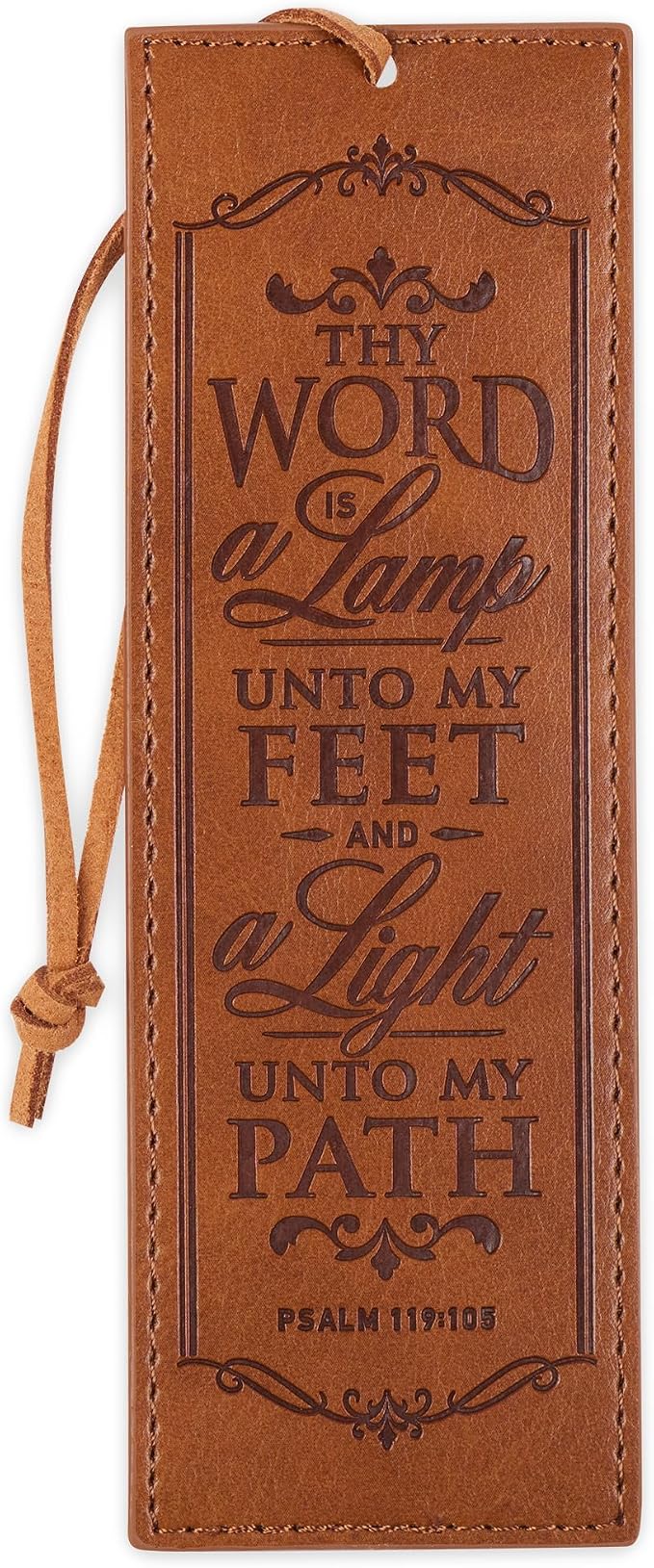 Christian Art Gifts Vegan Faux Leather Scripture Bookmark for Men & Women: Thy Word is A Lamp - Psalm 119:105 Inspirational Bible Verse, Heat-Debossed, Faith-Based Reading Accessory with Cord, Brown