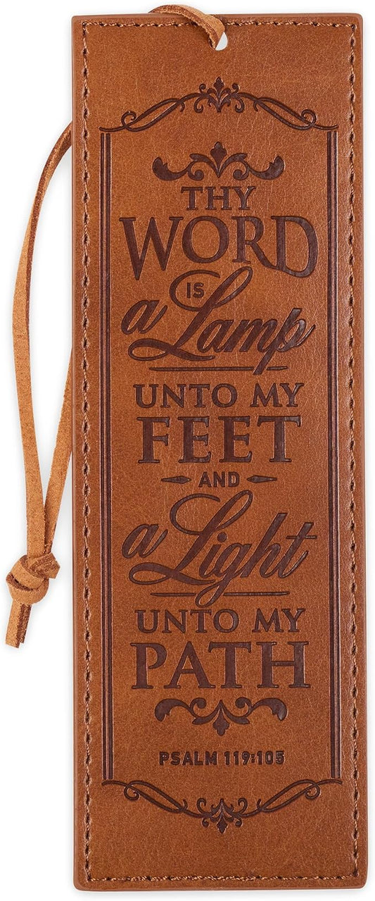 Christian Art Gifts Vegan Faux Leather Scripture Bookmark for Men & Women: Thy Word is A Lamp - Psalm 119:105 Inspirational Bible Verse, Heat-Debossed, Faith-Based Reading Accessory with Cord, Brown