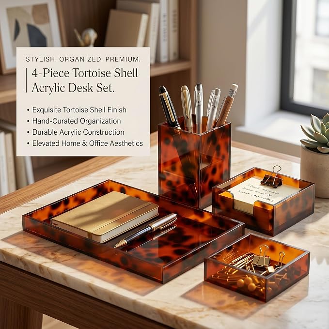 4 Pcs Tortoiseshell Desk Drawer Organizer Set Aesthetic Pen, Paperclip, Sticky Note Holder, Desk Rrganizer Tray for Office Home Supplies