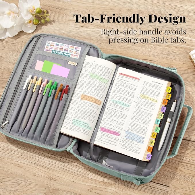 SUNEE Bible Cover for Women, Large Bible Bag w/Shoulder Strap Carrying Book Case w/Pen Slots and Zippered Pocket, Gift for Women & Men, Sage Green