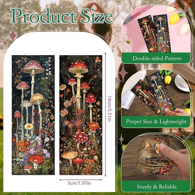 Mushroom Garden Bookmarks Gifts - 120 Pcs Whimsical Flower Bookmark Paper Double-Sided Reading Page Markers Clips Book Mark for Women Men Office Home Book Lovers Bookworm Party Supplies