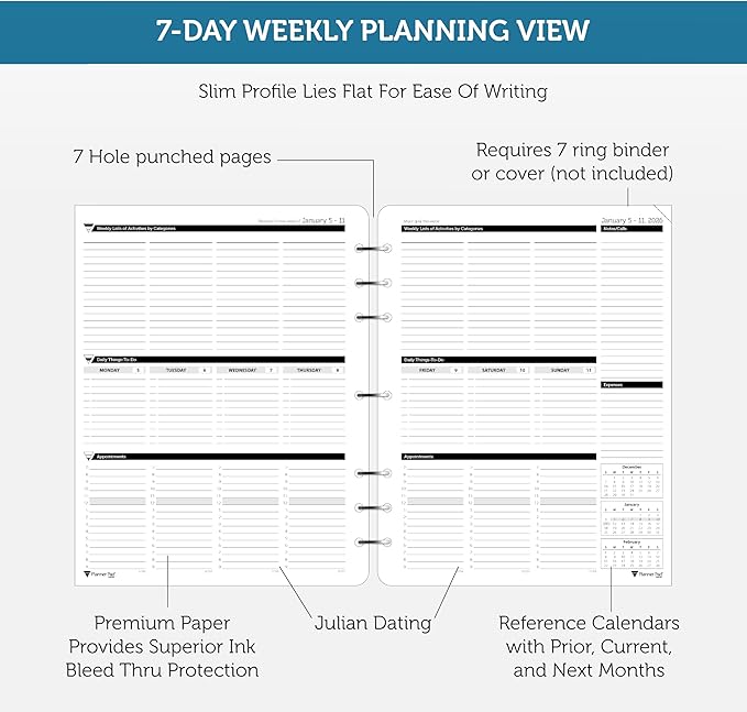 Planner Pad 7 Hole Loose Leaf January-December 2026/ Calendar Year 8 1/2" x 11" Large 3-Tier Funnel Down 12 Month Organizer,Black Ink, 8 1/2" x 11”