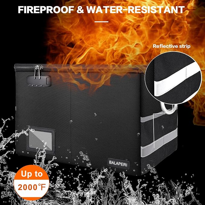 BALAPERI Fireproof Document Box with Lock, Portable File Box with Handle, Locking File Organizer Storage Box for Legal/Letter Size Hanging Folders, Collapsible,16.1" x 12.9" x 11"