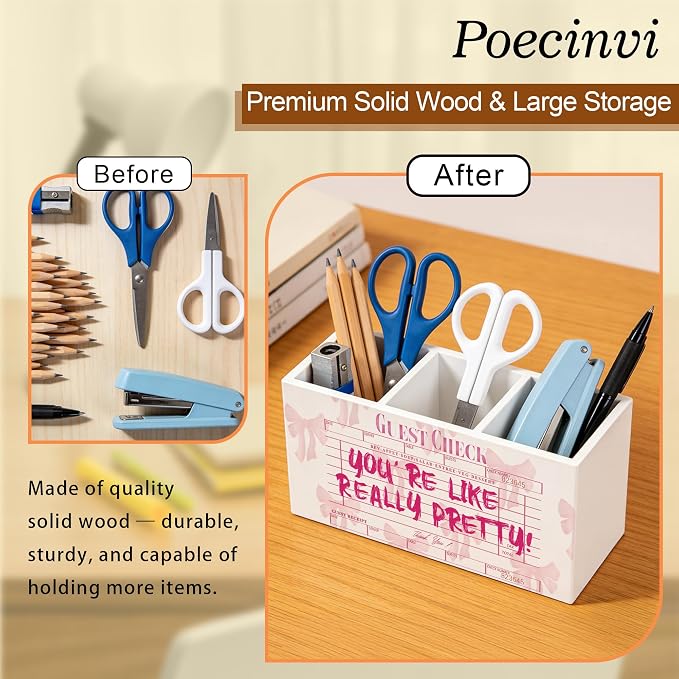 Trendy Coquette Pink Bow Pen Holder for Home Office Desk, Pink Girly Office Decor, You're Like Really Pretty Guest Check Wooden Box Sign Pencil Holder for Desk Shelf Organizer