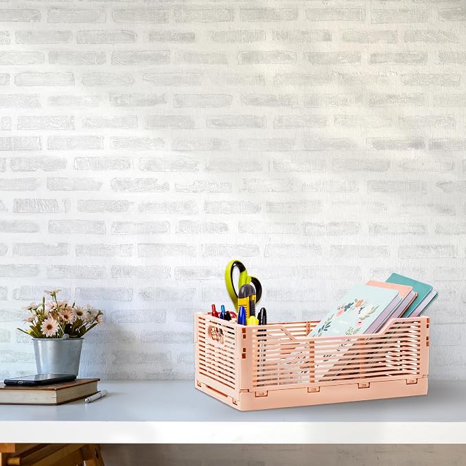 CTG Truu Design Folding Plastic Crates, 30.5 x 20.3 x 11.4cm, Pink, 1Pack, Stackable Collapsible Storage Baskets Organizer for Home Office and Outdoor