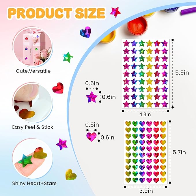 1710 Holographic Star and Heart Stickers 0.6", Self-Adhesive for Kids Rewards, Classroom Supplies, Behavior Charts, Student Incentives, Planner, Scrapbooking, DIY Crafts, Party Favors, Holiday Decor
