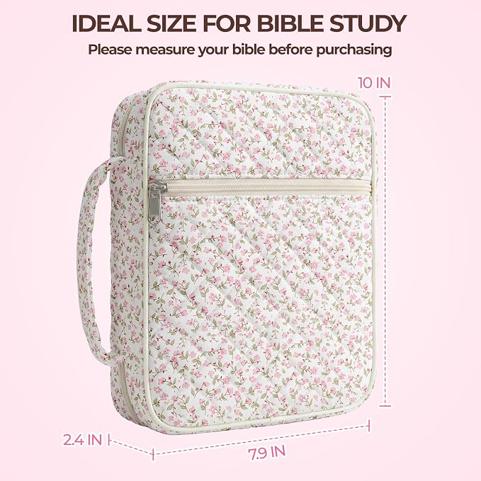 Quilted Bible Cover Case for Women with Bible Study Supplies Journaling Kit Floral Bible Bag Carrying Case with Pastel Highlighters Tabs, Women Christmas Christian Gifts (Pink Floral, L)
