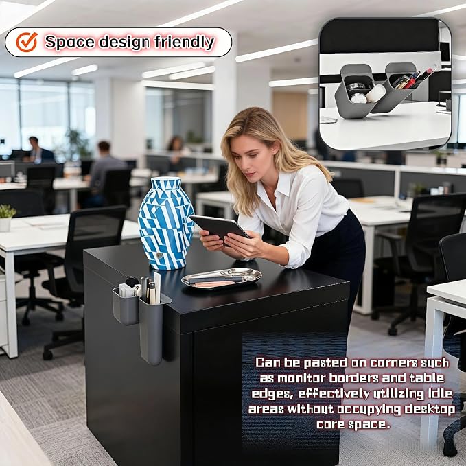 Sticky Desk Organizer, 3-Pack Monitor Side Storage with Adhesive - Multifunctional Desktop Pen Holder for Stationery, Jewelry, Remote Control - Space Saving Grey PP Material for Office & Home