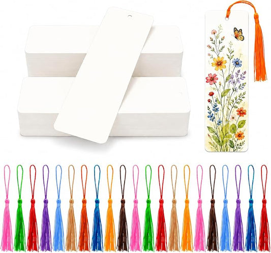 DSYIL 200 Pcs Blank Bookmarks with 200 Pcs Tassels, DIY Bookmarks Bulk, Heavyweight Paper Book Marks Making Kits for Classroom Projects and DIY Craft, 5.5 x 2 Inches
