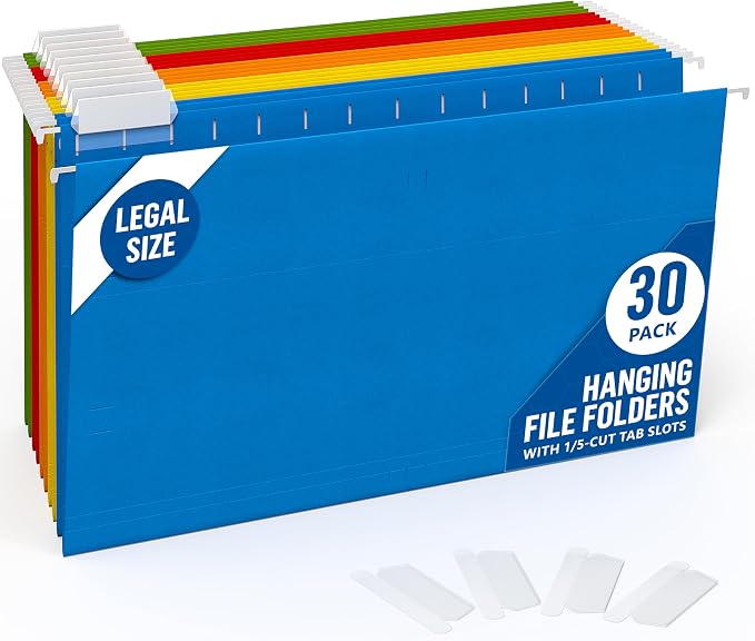 30 Pack Hanging File Folders Legal Size 8.5x14 - Colored Hanging Folders for Filing Cabinet with 1/5-Cut Adjustable Tabs Files for Filing Cabinet Organizer File Hangers for File Cabinets with Hooks