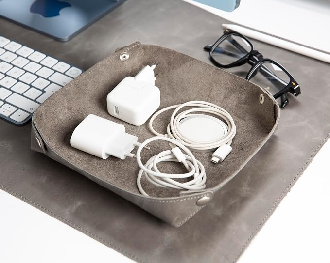 VENITO Leather 3-in-1 Desk Mat Set – Desk Mat (32"x16"), Organizer Tray & Cup Coaster – Full-Grain Leather Desk Pad for Office & Home – Elegant Workspace Accessories for Men & Women, Grey
