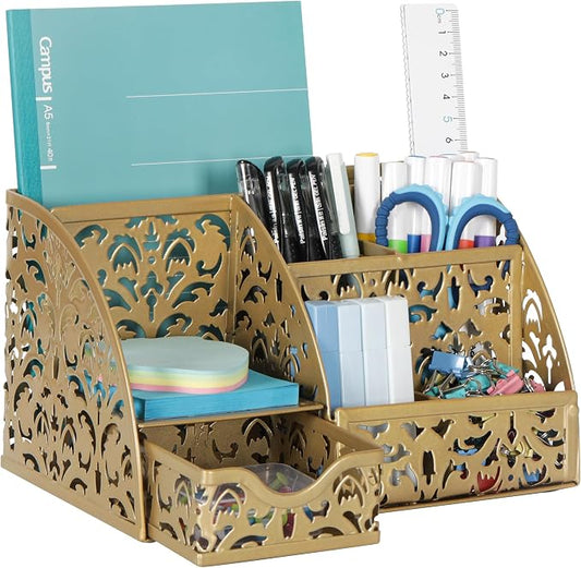 EasyPAG Desk Organizer and Pen Holder for Desk, Mesh Office Supplies Storage Caddy with Drawer for Small Space, Desktop Organizer for Home Office, Gold