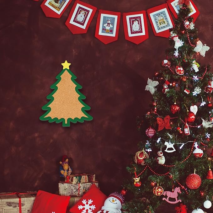 CRASPIRE Christmas Tree Pin Cork Board Framed Bulletin Display Badge Wooden Decorative Corkboard 7.87x9.8 Wall Mounted Memory Memo Brooch Lapel Holder Storage for Home Office School Classroom Wedding