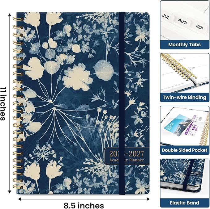 Planner 2026–2027, Academic Year Monthly & Weekly Calendar Book, Jul 2026–Jun 2027, Hardcover Organizer with Tabs, Student & Teacher Planner, 8.5" x 11", Rustic Bloom