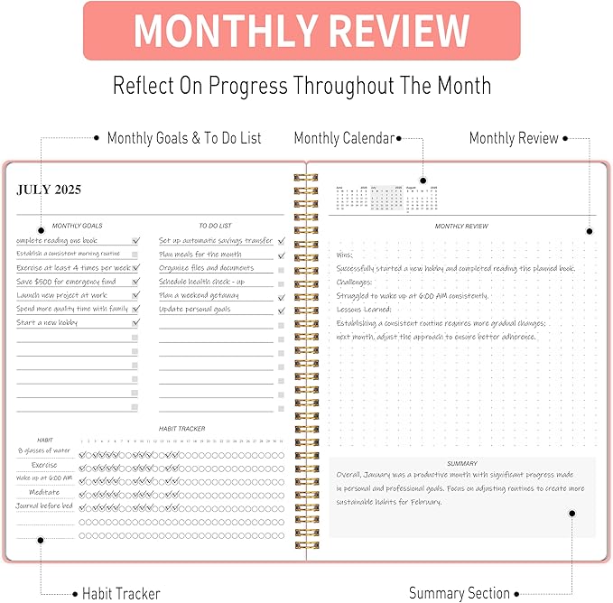 2026-2027 Monthly Planner, Calender Planner from Jan 2026 - Jun 2027, 18 Months for Planning with Habit Tracker, To-Do List, Goals,Summary ,7.5" x 10", Spiral Bindding for Personal Organizer and Office Supplies Pink