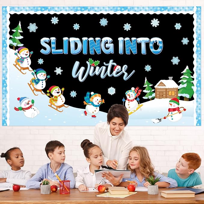 Winter Bulletin Board Decoration Set Sliding Into Winter Bulletin Board Snowman Christmas Classroom Decorations Snowflake Snowman Paper Cutouts for Xmas Holiday Party School Home Chalkboard Wall Decor