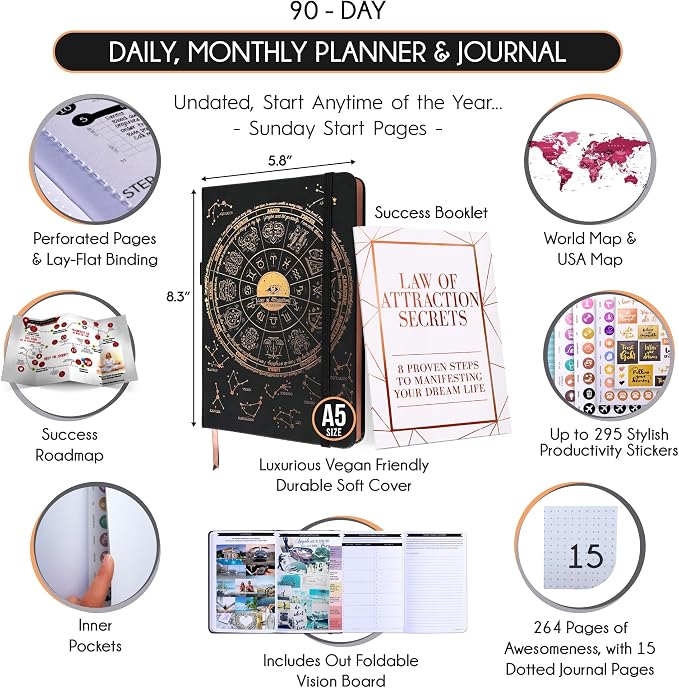 Gratitude Journal for Women and Men — 5 Minute Self Care Journal | Mindfulness, Manifestation, Affirmation | 3 Month Productivity Planner | Undated Daily Planner, Vision Board + Stickers