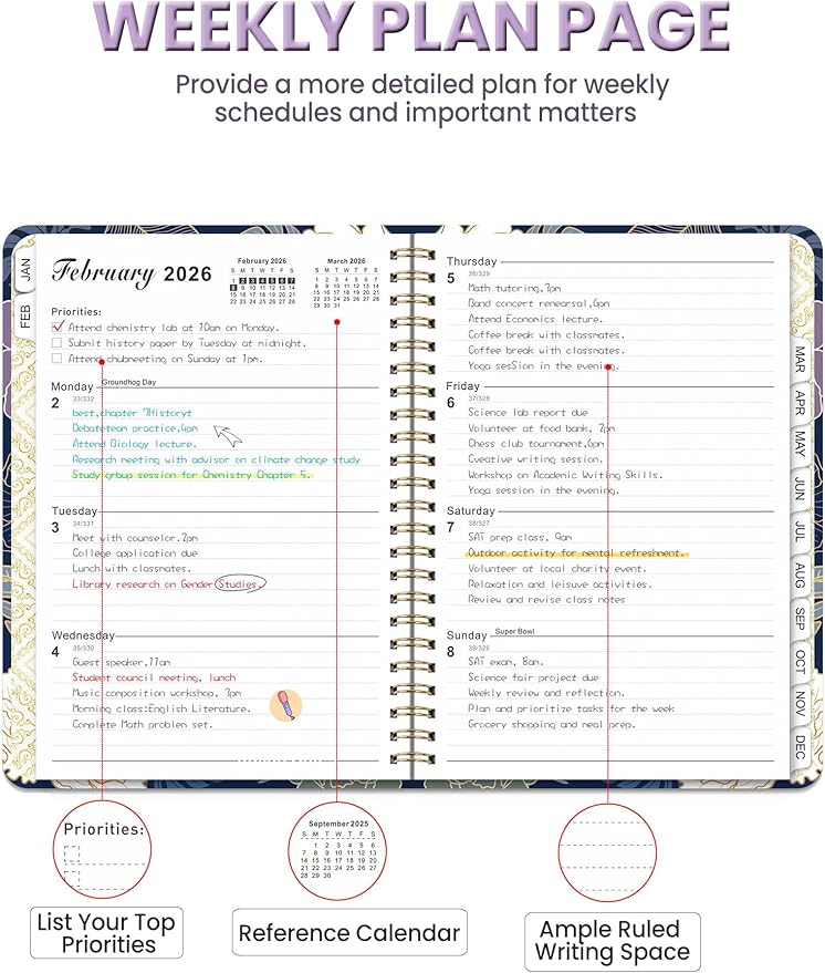 Academic Planner 2026, A5 Weekly & Monthly Calendar Planner with Tabs, PVC Bookmark, Metal Corner Protectors, Inner Pocket, 8.54" × 6.22" Hardcover School Daily Agenda Book for Teacher Student (Pink)