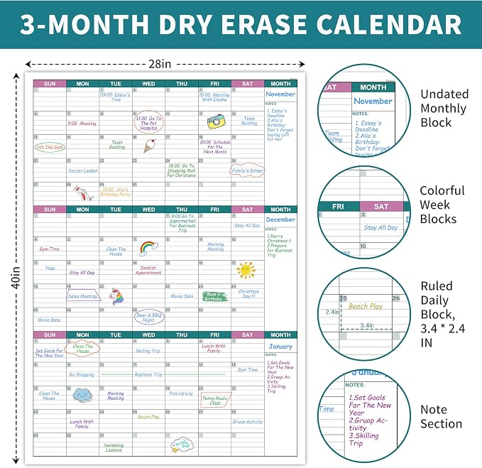 Large Dry Erase Calendar for Wall - Undated 3 Month Wall Calendar, 28" x 40"(Vertical), Wall Calendar Dry Erase for Home, Office, Classroom