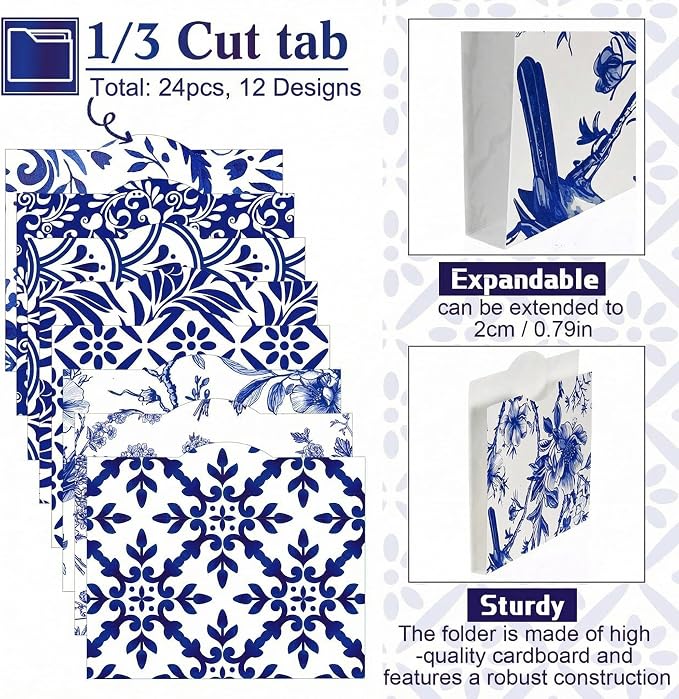 Tisancy 24 Pcs Decorative Letter Size File Folders Set 1/3 Cut Tabs Paper File Folder for Document with Blue White Chinoiserie Floral Patterns for School Office Home Teacher Gift, 11.6 x 9.45 Inch