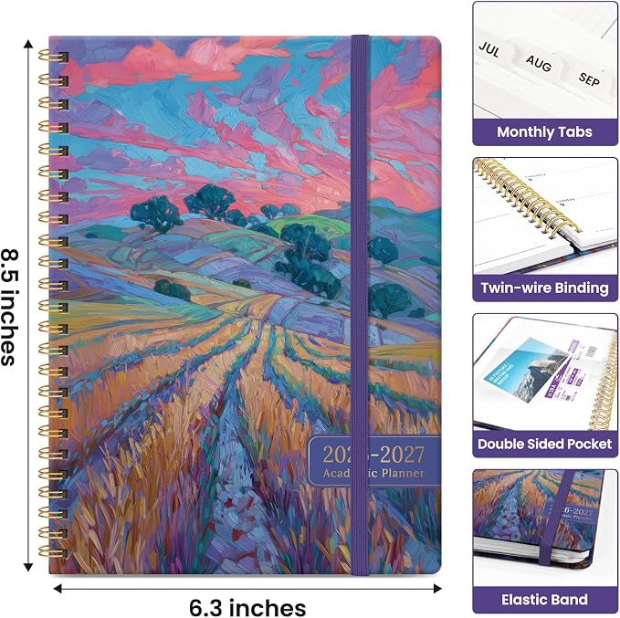 Planner 2026–2027, Academic Year Monthly & Weekly Calendar Book, Jul 2026–Jun 2027, Hardcover Organizer with Tabs, Student & Teacher Planner, 6.3" x 8.5", Painted Fields