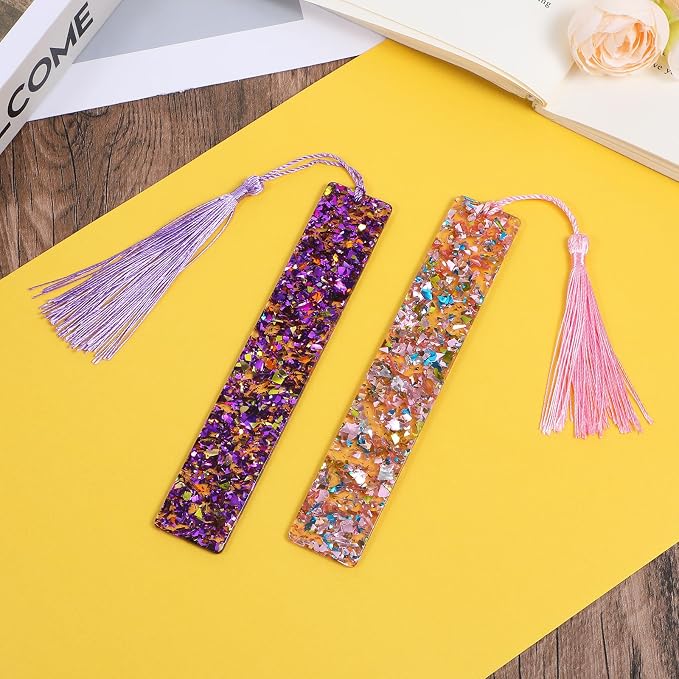 Piriuuo 2 Pcs Bookmarks for Girls, Glitter Resin Bookmarks Transparent Kids Art Bookmark with Colorful Silk Tassels for Women Girls Book Lovers Reading Presents