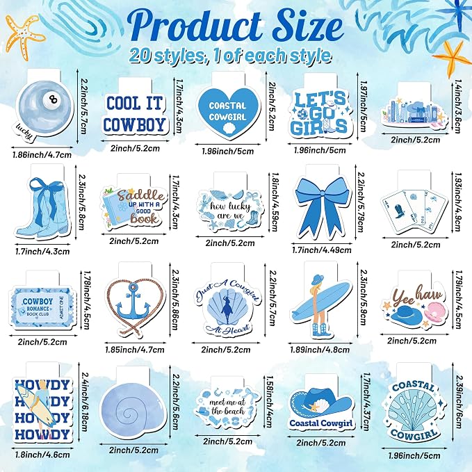 Coastal Cowgirl Reading Magnetic Bookmark - 20Pcs Summer Ocean Funny Bookmark Blue Beach Reading Bookish Page Marker Clip Reader Accessories for Girl Women Graduation Back to School Book Club Gift