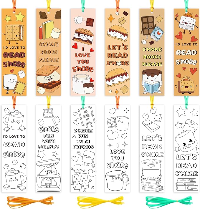 Marshmallow Color Your Own Bookmarks for Kids - Summer Gifts 123Pcs Loves You S'More Reading Theme DIY Coloring Blank Paper Bookmarks, Classroom Art Craft Party Favor for Kid Student Teacher