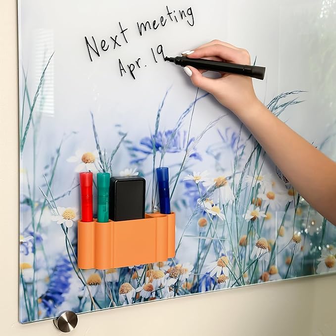Glassboard Studio Magnetic Dry Erase Marker Holder - Super Strong for Magnetic Glass Whiteboard or Fridge - 2 Large Neodymium Magnets - No Slip Grip - Eco-Friendly PLA Plastic (Tangerine Orange, KIT)