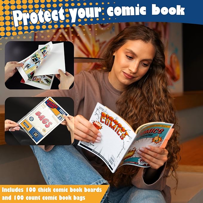 Leffis 100 Count Comic Book Current Size Bags and Boards Transparent Acid-Free and Reusable Comic Book Sleeves for Regular Comics (Bags and Boards X 100pcs) (100 Count)