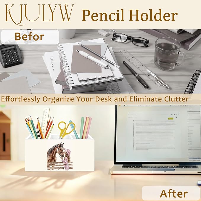 Western Cowgirl Pen Holder for Desk, Horse Gifts for Girls, Farmhouse Cowgirl Horse Wooden Box Pencil Pen Holder Organizer for Home Office Desk Accessories