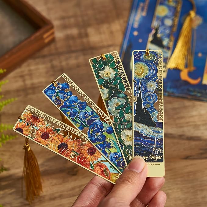 4 PCS Metal Bookmark with Tassel, Van Gogh Art Book Marks for Reading Women & Men,Book Lover Gifts for Teacher, Writers, Readers
